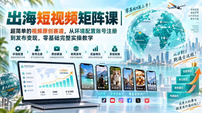 出海短视频矩阵课｜超简单的视频原创赛道，从环境配置账号注册到发布变现，零基础完整实操教学-伊亚库