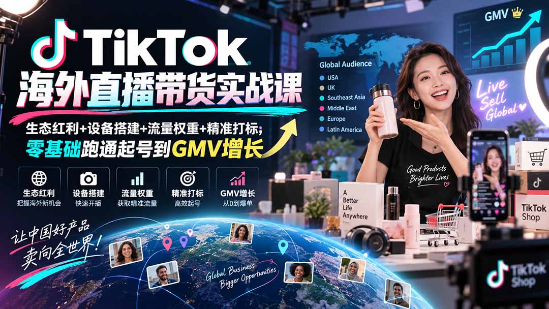 TikTok海外直播带货实战课｜生态红利+设备搭建+流量权重+精准打标，零基础跑通起号到GMV增长-伊亚库