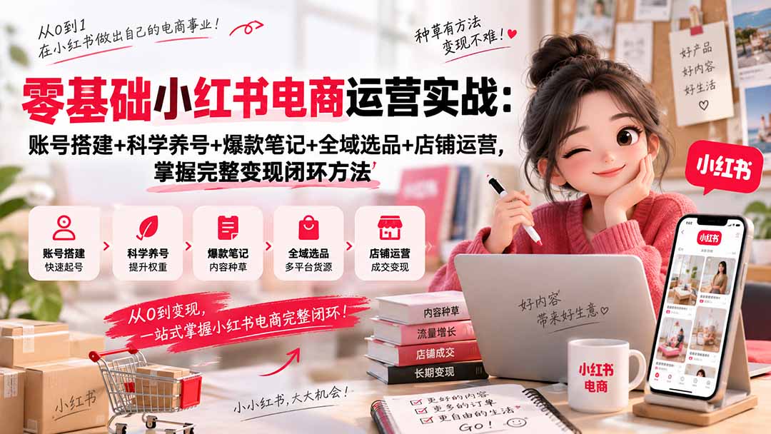 零基础小红书电商运营实战：账号搭建+科学养号+爆款笔记+全域选品+店铺运营，掌握完整变现闭环方法-伊亚库