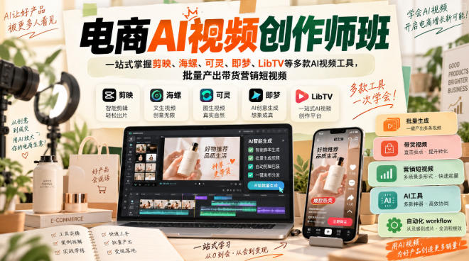 电商AI视频创作师班，一站式掌握剪映、海螺、可灵、即梦、LibTV等多款AI视频工具，批量产出带货营销短视频-伊亚库