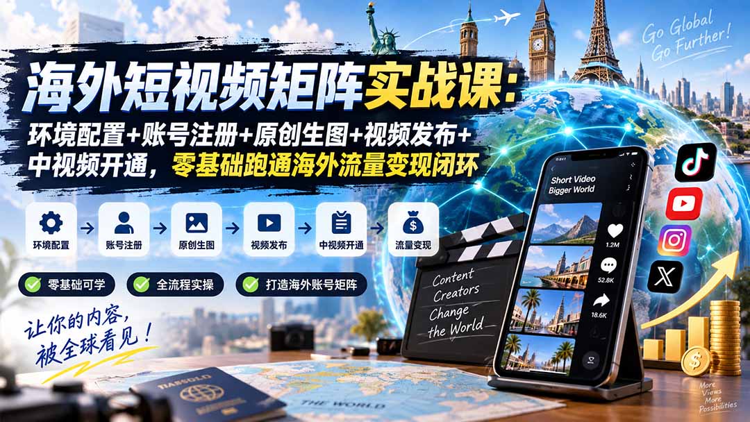 海外短视频矩阵实战课：环境配置+账号注册+原创生图+视频发布+中视频开通，零基础跑通海外流量变现闭环-伊亚库