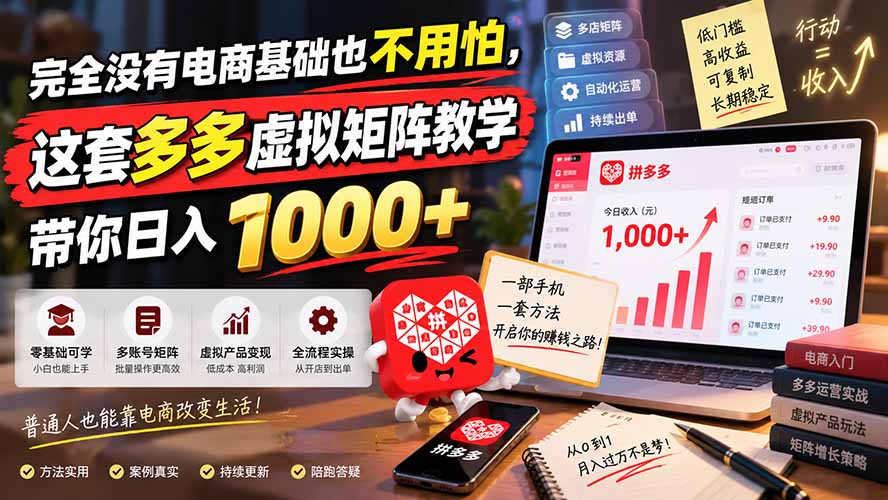 完全没有电商基础也不用怕，这套多多虚拟矩阵教学带你日入 1000+-伊亚库