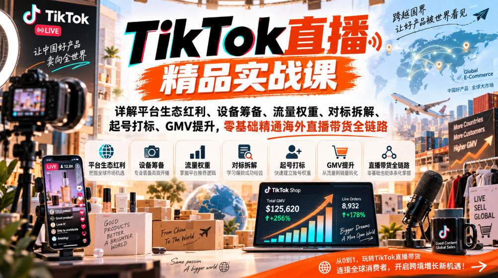 TikTok直播精品实战课，详解平台生态红利、设备筹备、流量权重、对标拆解、起号打标、GMV提升，零基础精通海外直播带货全链路-伊亚库