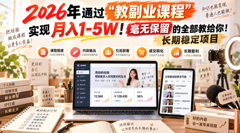 2026年通过“教副业课程”实现月入1-5W！毫无保留的全部教给你！长期稳定项目-伊亚库