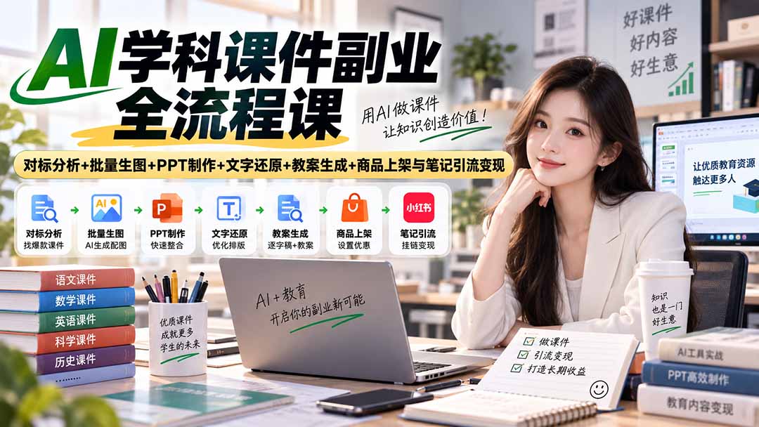 AI学科课件副业全流程课｜对标分析+批量生图+PPT制作+文字还原+教案生成+商品上架与笔记引流变现-伊亚库
