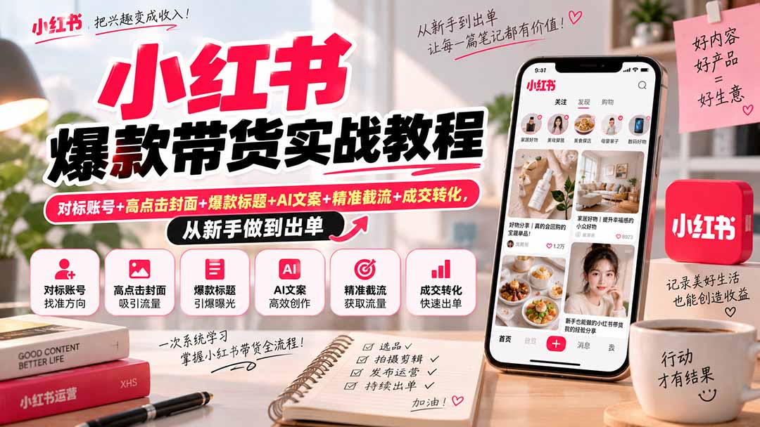 小红书爆款带货实战教程｜对标账号+高点击封面+爆款标题+AI文案+精准截流+成交转化，从新手做到出单-伊亚库