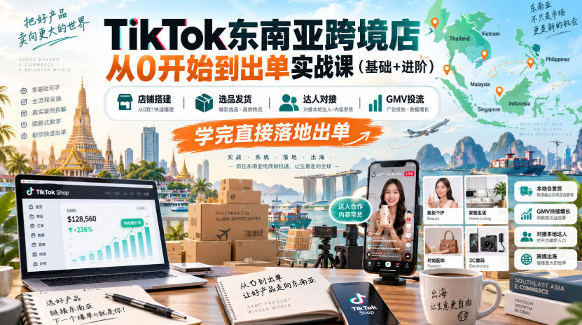 TikTok东南亚跨境店从0开始到出单实战课(基础+进阶)，店铺搭建、选品发货、达人对接、GMV投流，学完直接落地出单-伊亚库