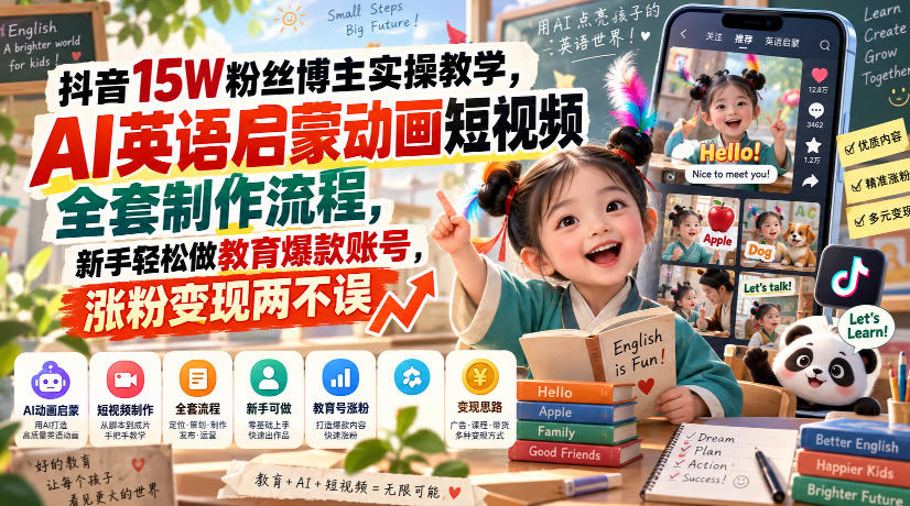 抖音15W粉丝博主实操教学，AI英语启蒙动画短视频全套制作流程，新手轻松做教育爆款账号，涨粉变现两不误-伊亚库