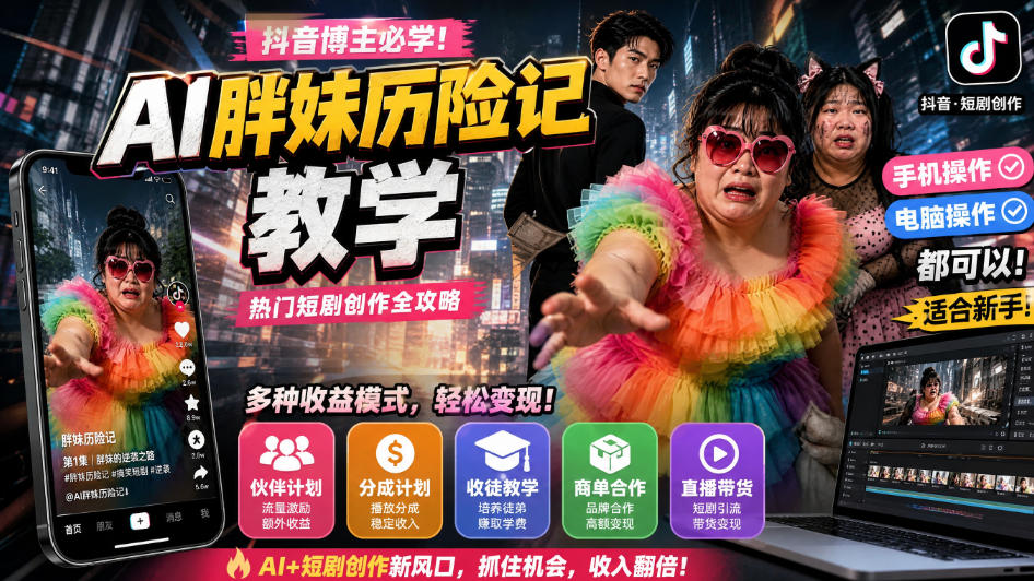 抖音博主的AI胖妹历险记教学，伙伴计划+分成计划+收徒+商单等多种收益，适合新手，手机电脑都可以操作-伊亚库