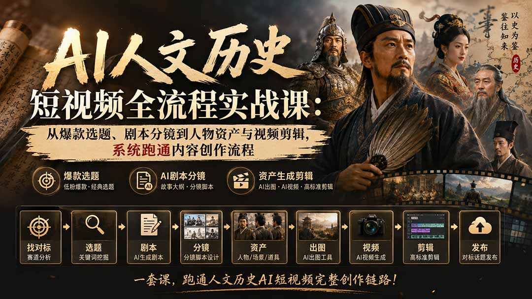 AI人文历史短视频全流程实战课-更新：从爆款选题、剧本分镜到人物资产与视频剪辑，系统跑通内容创作流程-伊亚库