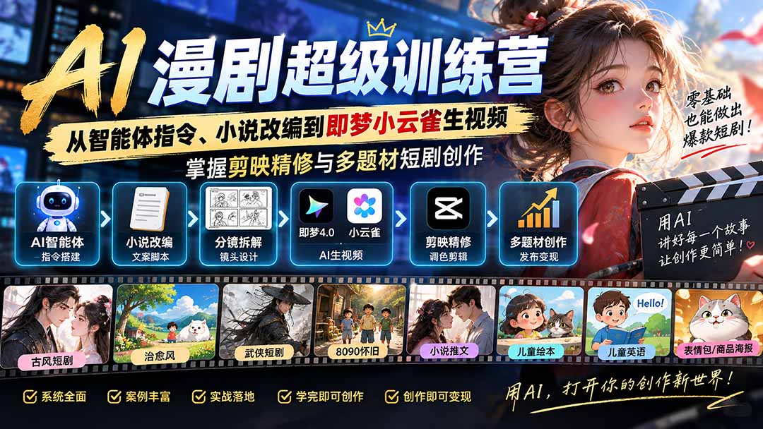 AI漫剧超级特训营：从智能体指令、小说改编到即梦小云雀生视频，掌握剪映精修与多题材短剧创作-伊亚库