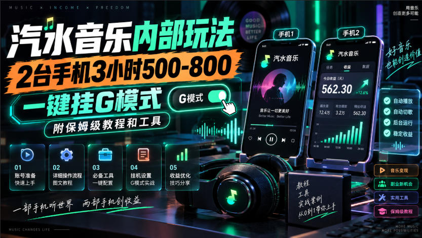 汽水音乐内部玩法，2台手机3小时500-800，一键挂G模式，附保姆级教程和工具【揭秘】-伊亚库