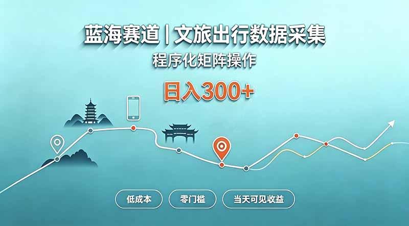 蓝海赛道  文旅出行数据采集  程序化矩阵操作    低成本  零门槛   当天可见收益   日入300+-伊亚库