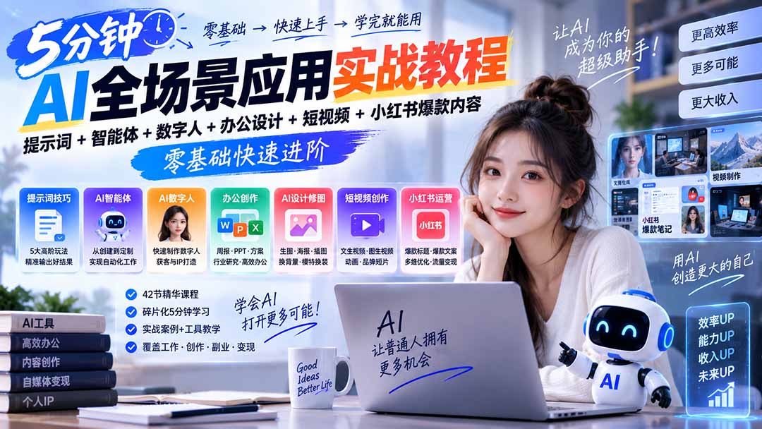AI全场景应用实战教程｜提示词+智能体+数字人+办公设计+短视频+小红书爆款内容，零基础快速进阶-伊亚库