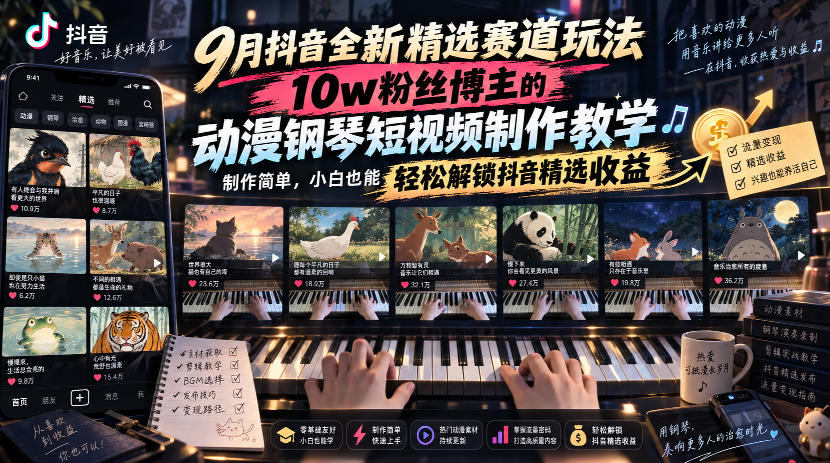 9月抖音全新精选赛道玩法，10w粉丝博主的动漫钢琴短视频制作教学，制作简单，小白也能轻松解锁抖音精选收益-伊亚库