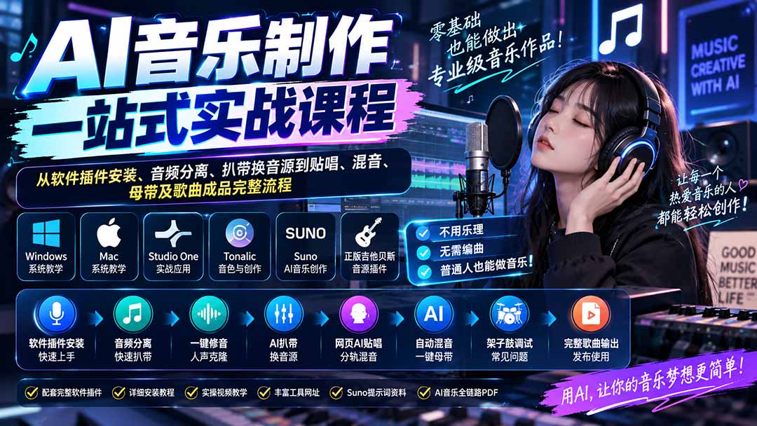 AI音乐制作一站式实战课程：从软件插件安装、音频分离、扒带换音源到贴唱、混音、母带及歌曲成品完整流程-伊亚库
