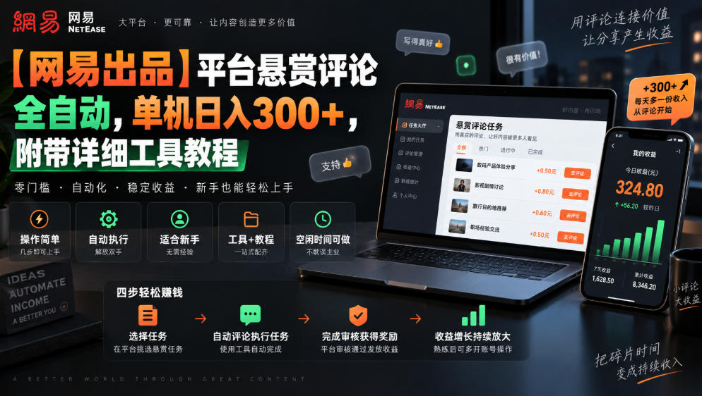 【网易出品】平台悬赏评论全自动，单机日入300+，附带详细工具教程【揭秘】-伊亚库