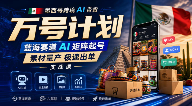 墨西哥跨境AI带货万号计划，蓝海赛道AI矩阵起号，素材量产极速出单实战课-伊亚库