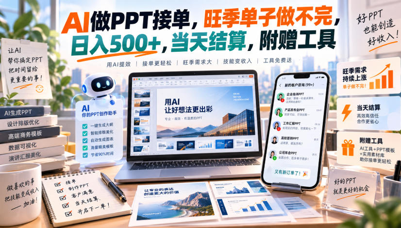 AI做PPT接单，旺季单子做不完，日入500+，当天结算，附赠工具【揭秘】-伊亚库