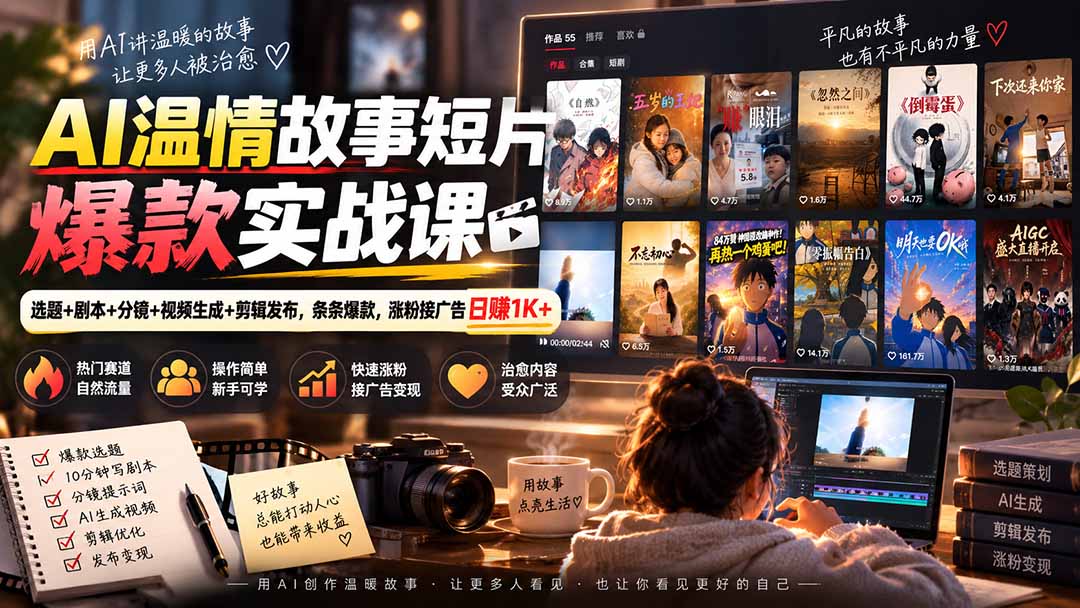 AI温情故事短片爆款实战课-更新｜选题+剧本+分镜+视频生成+剪辑发布，条条爆款，涨粉接广告日赚1K+-伊亚库