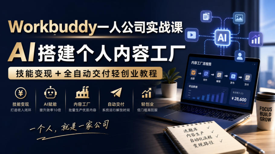Workbuddy一人公司实战课，AI搭建个人内容工厂，技能变现+全自动交付轻创业教程​-伊亚库