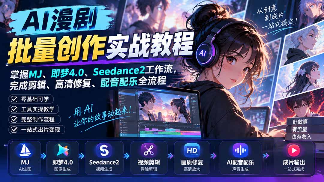 AI漫剧批量创作实战教程：掌握MJ、即梦4.0、Seedance2工作流，完成剪辑、高清修复、配音配乐全流程-伊亚库