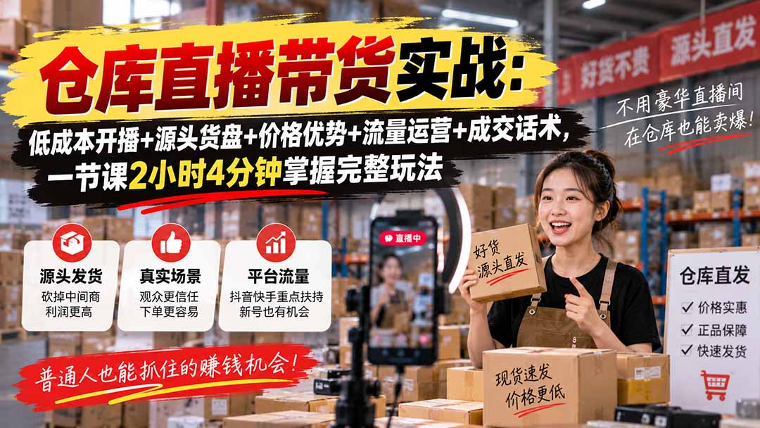 仓库直播带货实战：低成本开播+源头货盘+价格优势+流量运营+成交话术，一节课2小时4分钟掌握完整玩法-伊亚库