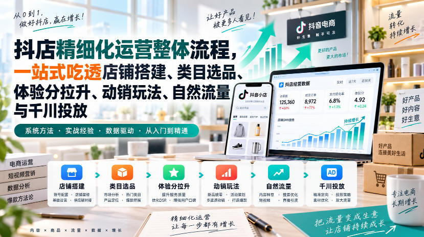 李哥电商-抖店精细化运营整体流程，一站式吃透店铺搭建、类目选品、体验分拉升、动销玩法、自然流量与千川投放-伊亚库