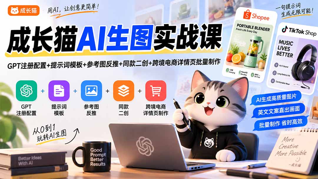 成长猫AI生图实战课｜GPT注册配置+提示词模板+参考图反推+同款二创+跨境电商详情页批量制作-伊亚库