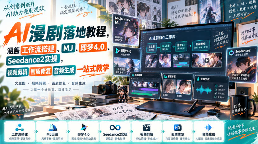 AI漫剧落地教程，涵盖工作流搭建、MJ、即梦4.0、Seedance2实操，视频剪辑画质修复音频生成一站式教学-伊亚库