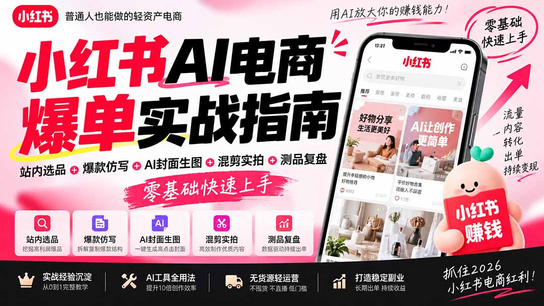2026小红书AI电商爆单实战指南：站内选品+爆款仿写+AI封面生图+混剪实拍+测品复盘，零基础快速上手-伊亚库