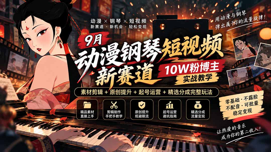 9月动漫钢琴短视频新赛道｜10W粉博主实战教学，素材剪辑+原创提升+起号运营+精选分成完整玩法-伊亚库