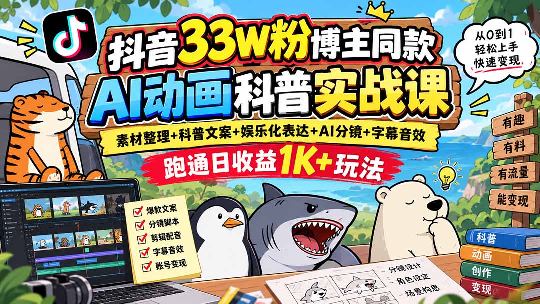 抖音33W粉博主同款AI动画科普实战课｜素材整理+科普文案+娱乐化表达+AI分镜+字幕音效，跑通日收益1K+玩法-伊亚库