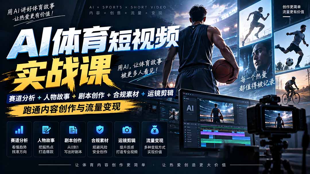 AI体育短视频赛道顶级玩法｜赛道分析+人物故事+剧本创作+版权处理+运镜剪辑，跑通流量变现-日赚1K+-伊亚库