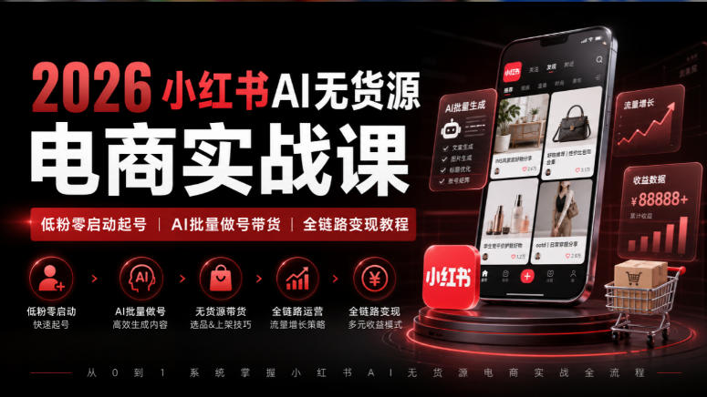 2026小红书AI无货源电商实战课｜低粉零启动起号｜AI批量做号带货全链路变现教程-伊亚库