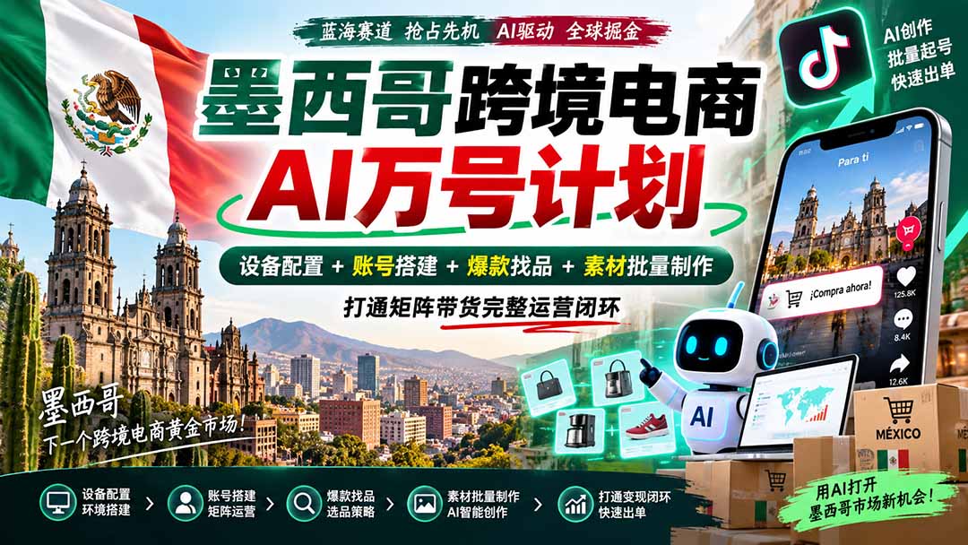 墨西哥AI跨境电商万号计划｜设备配置+账号搭建+爆款找品+素材批量制作，打通矩阵带货完整运营闭环-伊亚库
