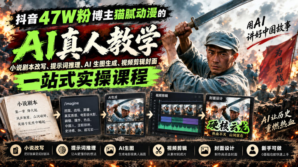 抖音47W粉博主猫腻动漫的AI真人漫剧教学，小说剧本改写、提示词推理、AI生图生成、视频剪辑封面一站式实操课程-伊亚库