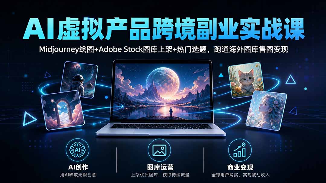AI虚拟产品跨境副业实战课｜Midjourney绘图+Adobe Stock图库上架+热门选题，跑通海外图库售图变现-伊亚库