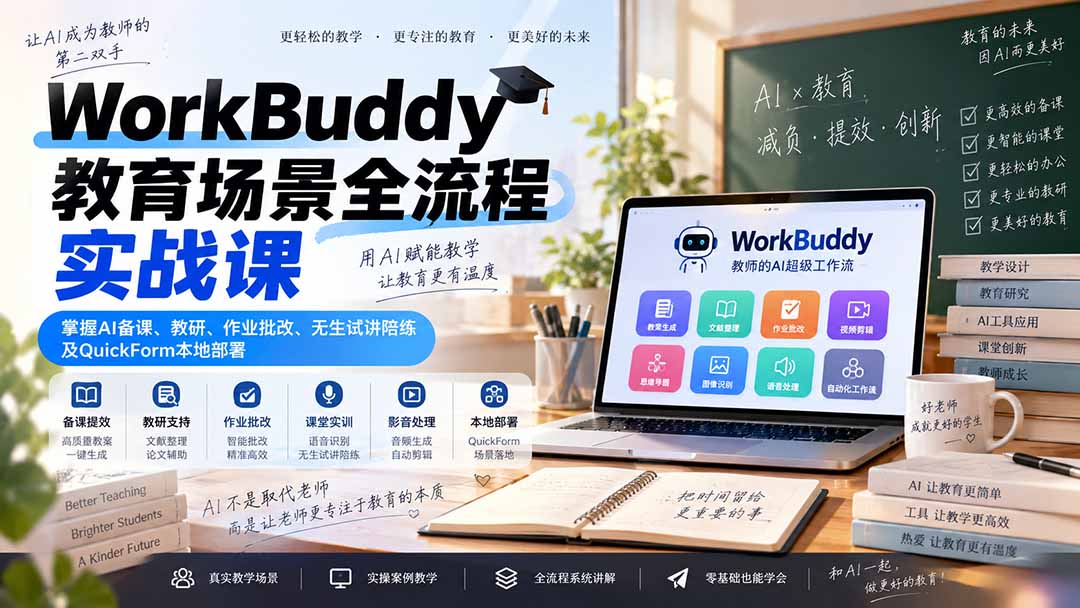 WorkBuddy教育场景全流程实战课：掌握AI备课、教研、作业批改、无生试讲陪练及QuickForm本地部署-伊亚库