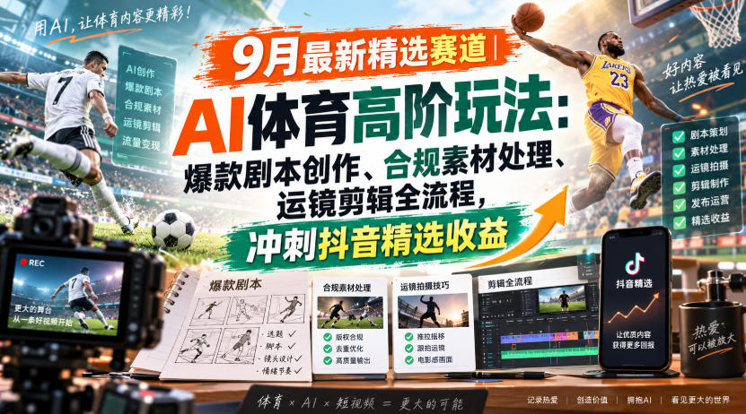 某大佬的9月最新精选赛道之AI体育顶级玩法，爆款剧本创作、版权规避、运镜剪辑全流程，稳拿抖音精选收益-伊亚库