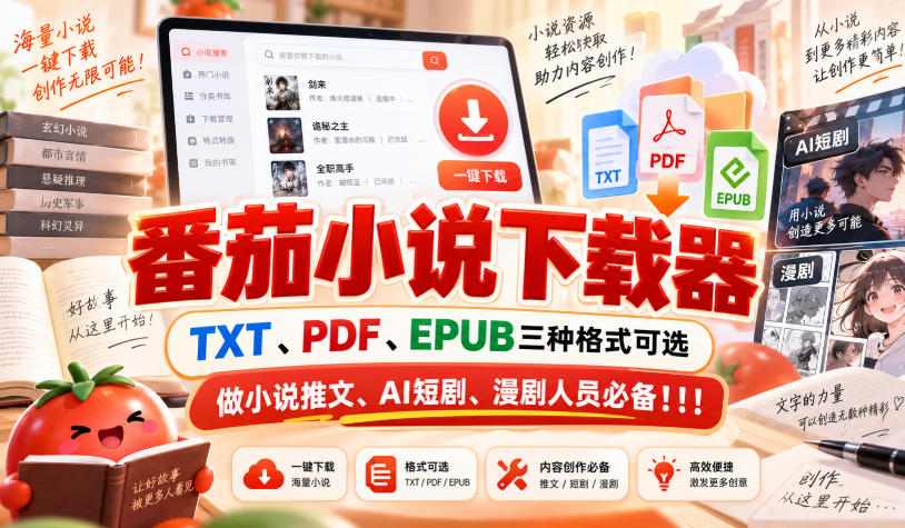番茄小说下载器，TXT、PDF、EPUB三种格式可选，做小说推文、AI短剧、漫剧人员必备！！！-伊亚库