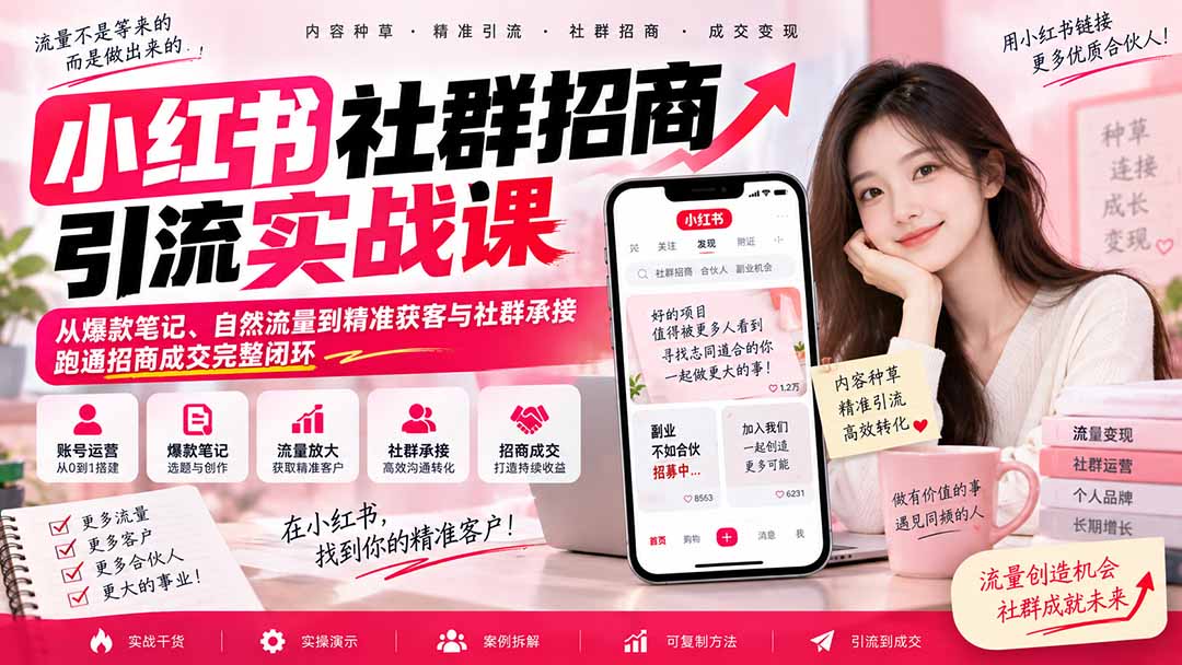 小红书社群招商引流实战课-无水印：从爆款笔记、自然流量到精准获客与社群承接，跑通招商成交完整闭环-伊亚库