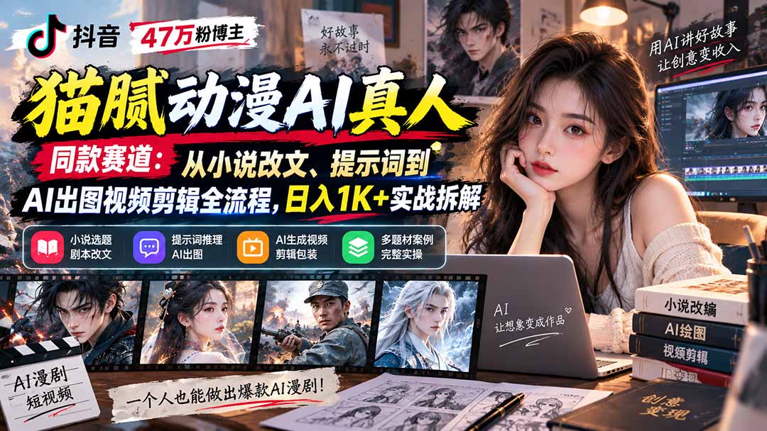 抖音47万粉博主猫腻动漫AI真人同款赛道：从小说改文、提示词到AI出图视频剪辑全流程，日入1K+实战拆解-伊亚库