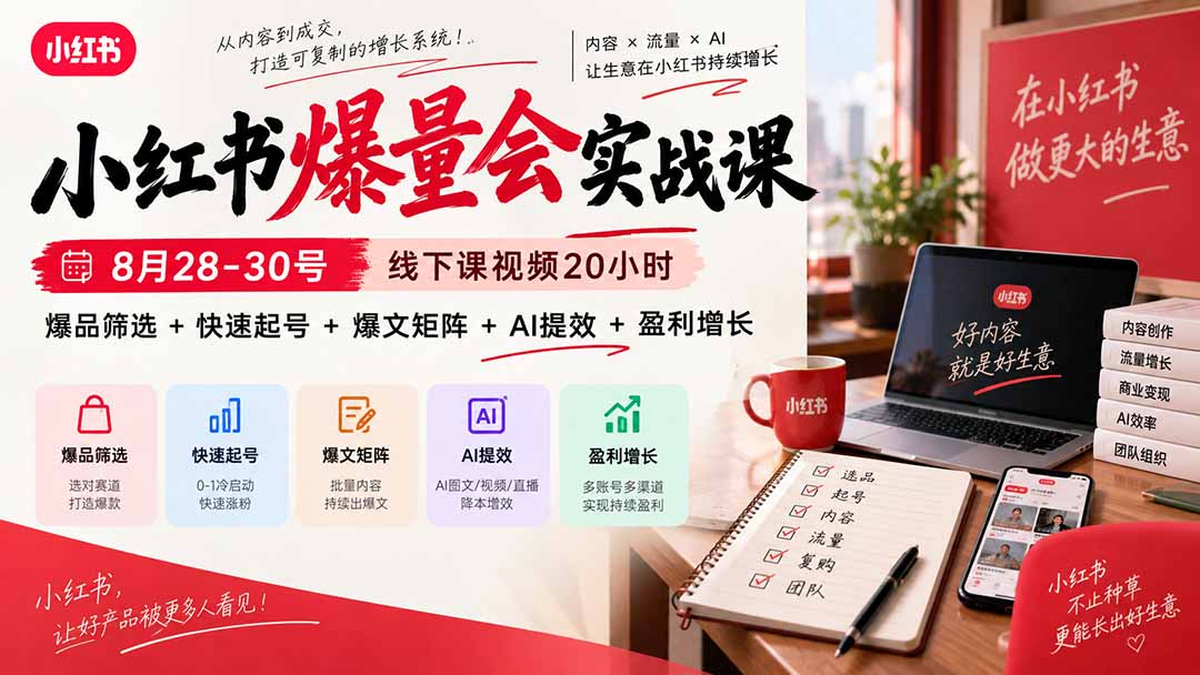 小红书爆量会实战课-更新9月17：线下课视频20小时，爆品筛选+快速起号+爆文矩阵+AI提效+盈利增长-伊亚库