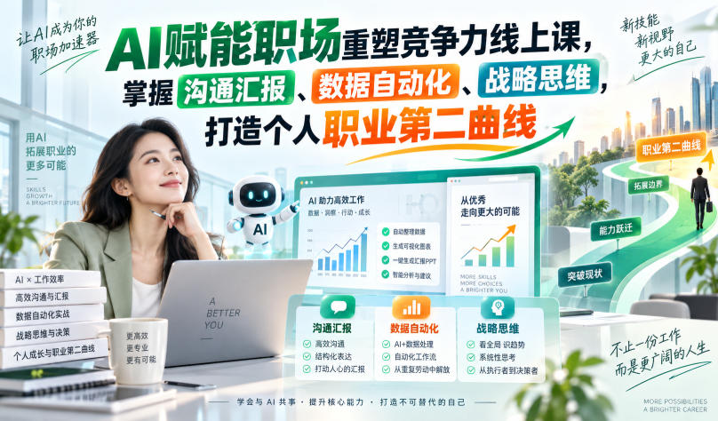 AI赋能职场重塑竞争力线上课，掌握沟通汇报、数据自动化、战略思维，打造个人职业第二曲线-伊亚库