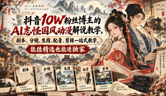 抖音10W粉丝博主满堂诡事的AI志怪国风动漫解说教学，剧本、分镜、生图、配音、剪辑一站式教学，能挂精选也能进独家​-伊亚库