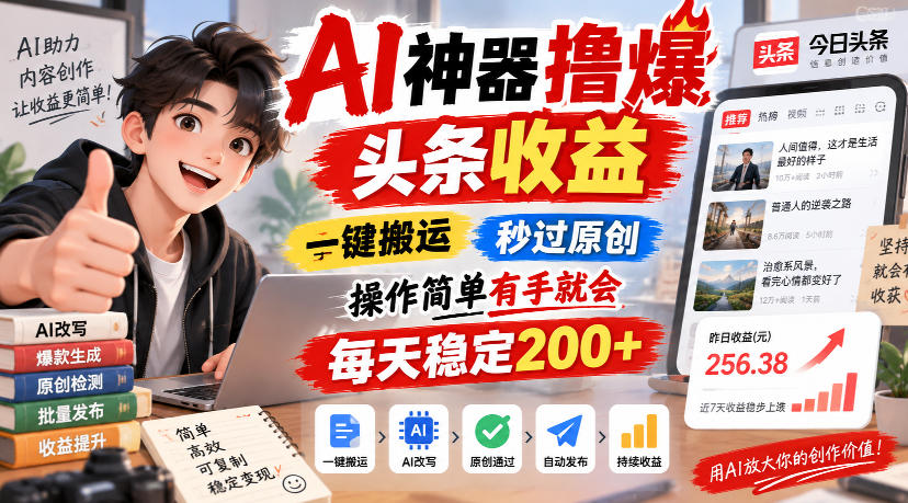 AI神器撸爆头条收益，一键搬运，秒过原创，操作简单有手就会，每天稳定200+【揭秘】-伊亚库