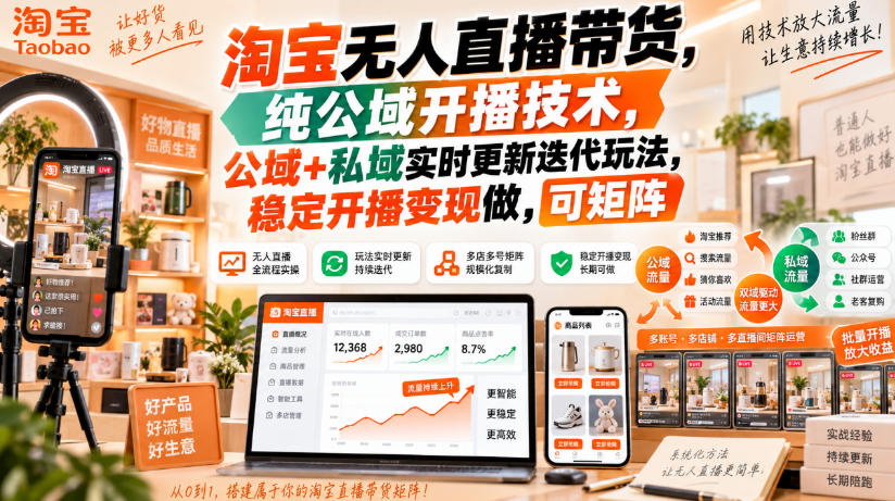 淘宝无人直播带货，纯公域开播技术，公域+私域实时更新迭代玩法，稳定开播变现做，可矩阵【揭秘】-伊亚库