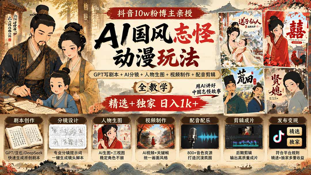 抖音10w粉博主亲授AI国风志怪动漫玩法｜GPT写剧本+AI分镜+人物生图+视频制作+配音剪辑全教学｜精选+独家日入1k+-伊亚库
