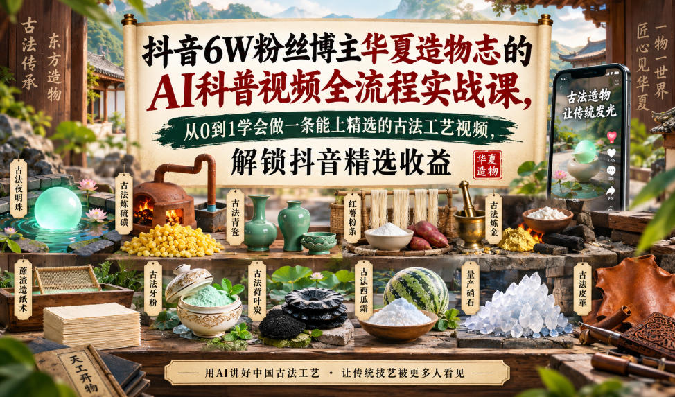 抖音6W粉丝博主华夏造物志的AI科普视频全流程实战课，从0到1学会做一条能上精选的古法工艺视频，解锁抖音精选收益-伊亚库